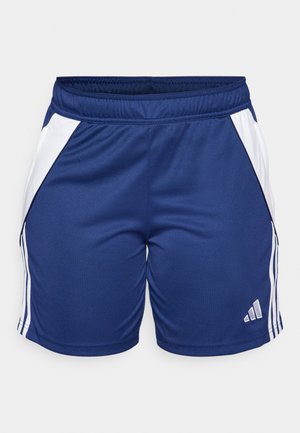 Tumed sinised spordilühikesed püksid valgete külgpaneelidega, mis on valmistatud siledast kangast, elastse vöökoha ja Adidas logo kaeluses.