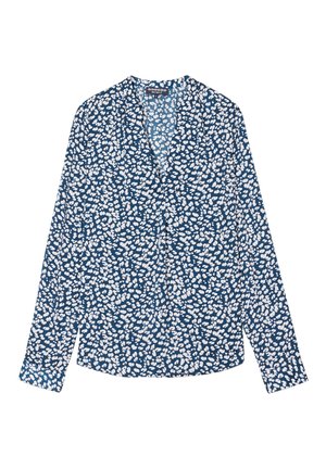 Blusa blu con bottoni e maniche lunghe, caratterizzata da un disegno floreale astratto bianco, scollo a V e vestibilità morbida. Tessuto morbido, texture liscia.