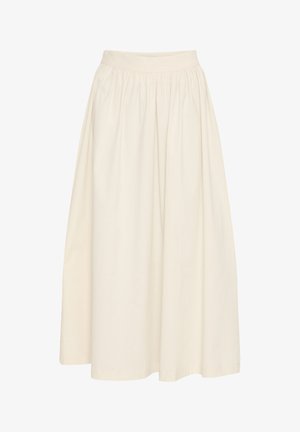 Lang, elfenbensfarvet nederdel lavet af lette materialer. Har en elastisk talje og et flydende, plisseret design med en lige kant.