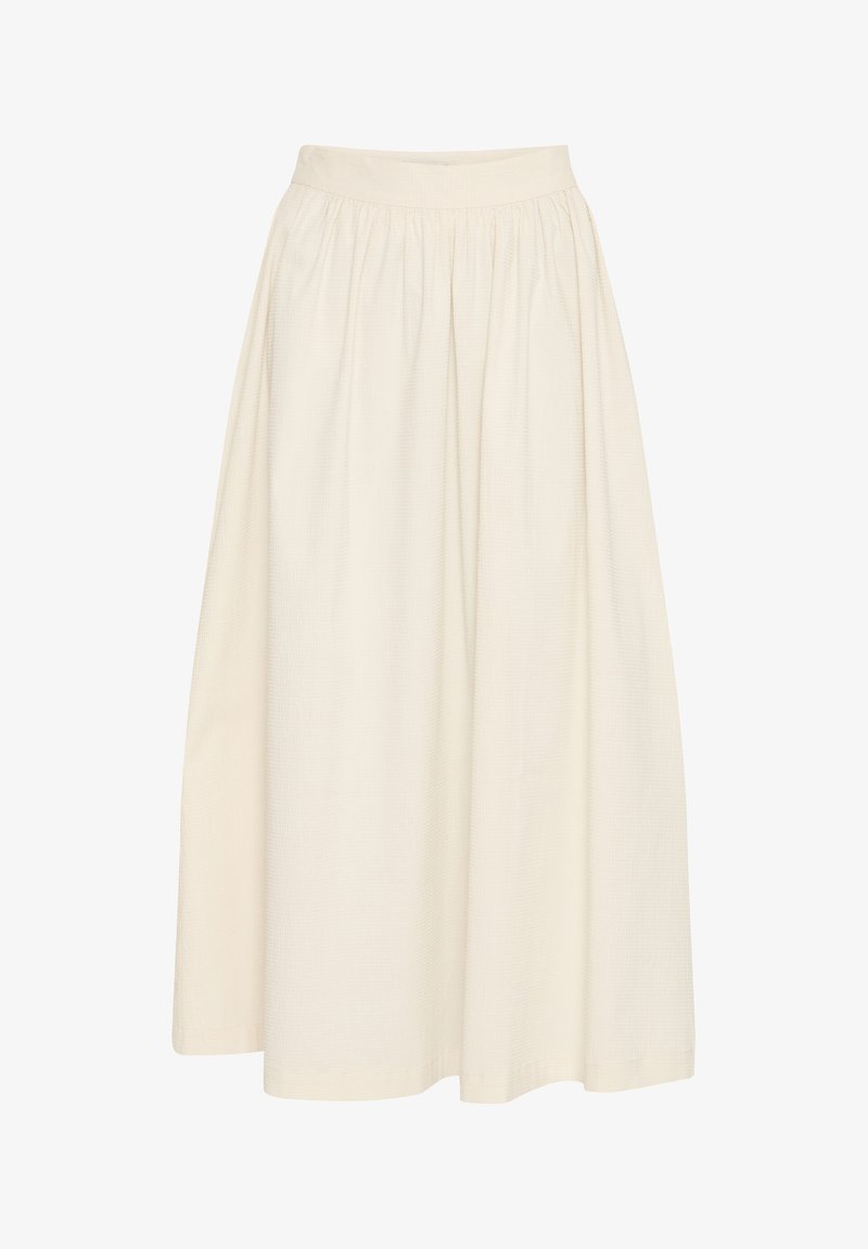 Lang, elfenbensfarvet nederdel lavet af lette materialer. Har en elastisk talje og et flydende, plisseret design med en lige kant.