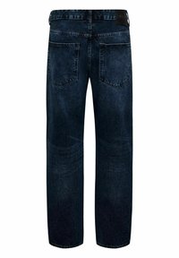Jeans de mezclilla azul oscuro con un diseño de pierna recta, que presentan una cinturilla sólida y dos bolsillos traseros con un leve desgaste en los muslos.
