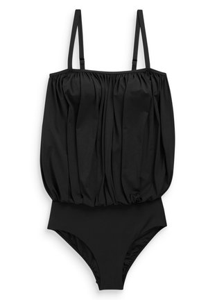 Melnā viengabala peldkostīms ar regulējamiem siksnām, ar mīkstinātu krūšu daļu un gludu apakšējo daļu.