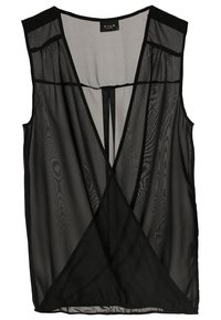 Blouse noire transparente sans manches avec un profond décolleté en V croisé à l'avant et des épaules froncées, étiquette "VILA Clothes" taille S.