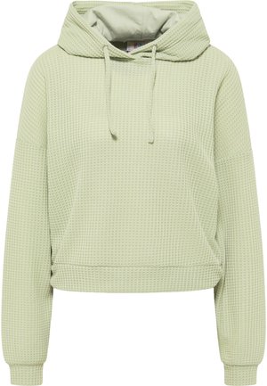 Hoodie cropped vert clair avec une texture en gaufrage, présentant une capuche avec cordon de serrage et des poignets côtelés pour un ajustement confortable.