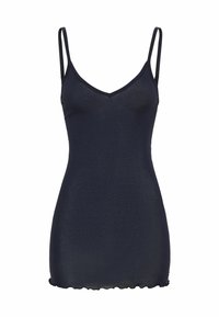 Camicetta senza maniche blu navy con scollatura a V, realizzata in tessuto morbido e liscio, con orlo ondulato. Include spalline regolabili.