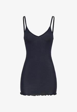 Navy blue sleeveless camisole with a V-neck design, made of soft, smooth fabric featuring a scalloped hemline. Adjustable straps included.