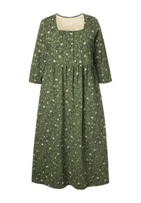 Vestito floreale verde con scollatura quadrata, maniche a tre quarti, vita arricciata e design lungo e fluido con piccoli fiori bianchi e beige.