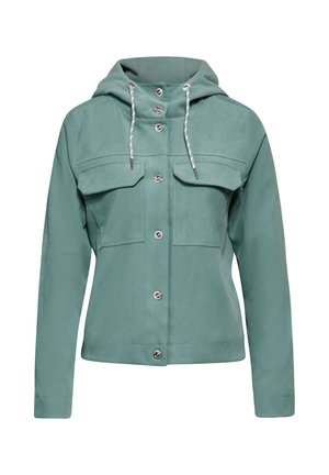 Lichtgroene hoodiejas van zachte stof. Voorzien van zilveren hardware, twee borstzakken en een volledige knoopsluiting.