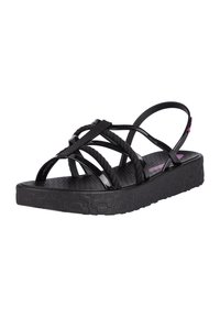 Schwarze Sandalen mit einer strukturierten Sohle, die geflochtene Riemen und eine niedrige Plattform aufweisen. Die Riemen bestehen aus Gummi mit einer glänzenden Oberfläche.