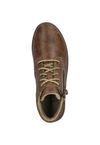 Braune Leder-Ankle-Schuhe mit runder Spitze, strukturiertem Material, beigem Schnürdesign, seitlichem Reißverschluss und weicher Innenauskleidung.