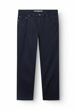 Pantalones ajustados para hombre en azul marino oscuro con bolsillos delanteros, trabillas para cinturón y cierre de botón en la cintura.