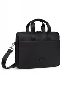 Borsa per laptop nera con un'esterno testurizzato e resistente, doppi manici superiori, una tracolla regolabile e una chiusura a zip. Presenta un branding minimale.