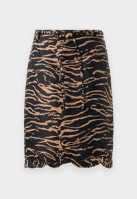 Zwarte en tan tijgergestreepte rok gemaakt van zacht stof, met een strik taille en een gegolfde zoom.