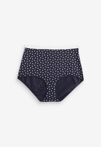 Marineblauwe high-waisted onderbroek van zachte katoen, met een wit hartpatroon, elastische tailleband met 'NEXT' branding en een gladde textuur.