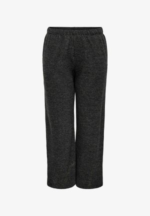 Grå, vida byxor i ett mjukt, strukturerat tyg med elastisk midja och utan synliga knappar eller fickor.