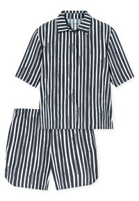 Kortärmad, knapp-up skjorta och matchande shorts i svart och vitt vertikalt randig design. Mjuk tyg med avslappnad passform och elastisk midja.