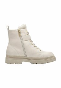 Bottines blanches en cuir texturé avec une fermeture éclair sur le côté, un laçage à l'avant, des semelles beige et un col rembourré.