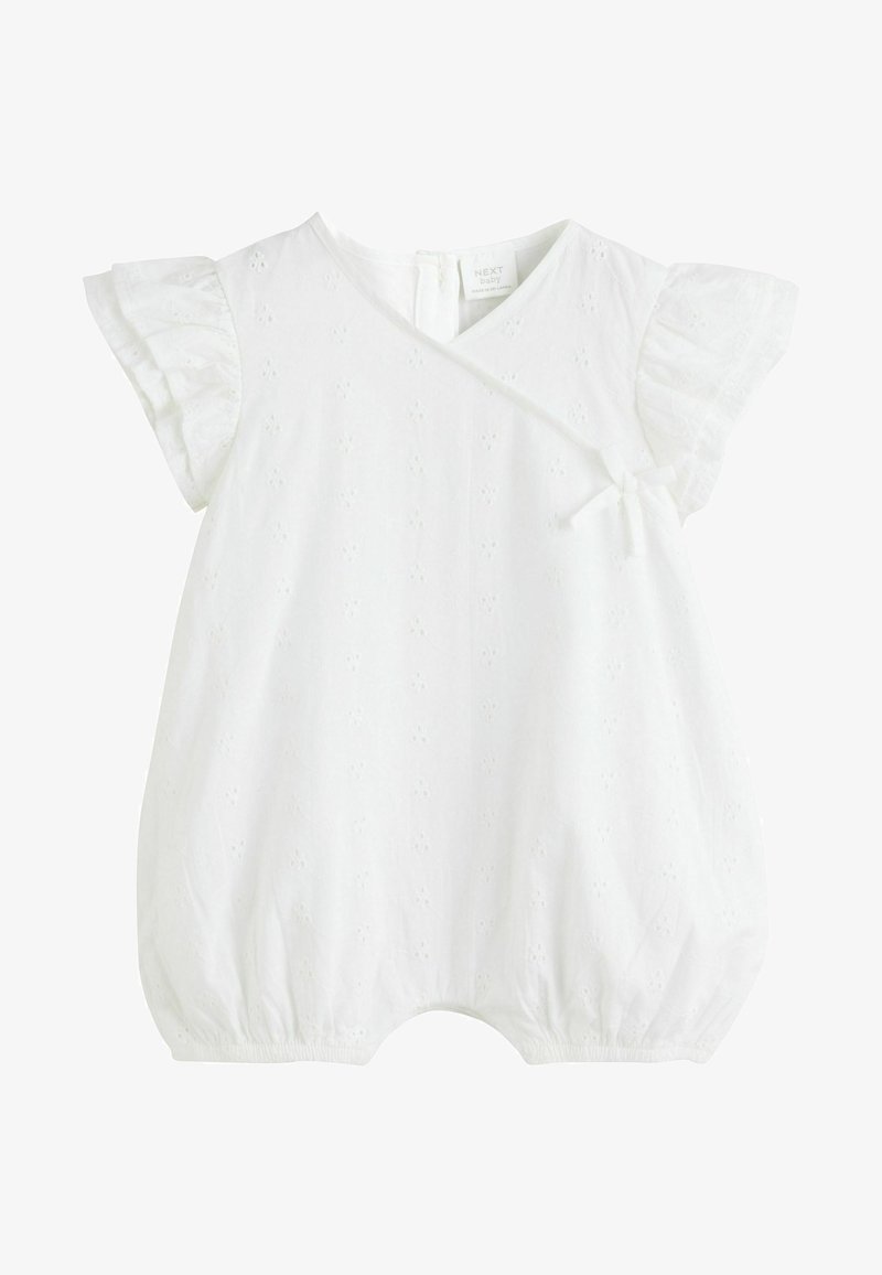 White baby romper featuring a wrap design, short ruffled sleeves, and elasticized leg openings. Floral eyelet pattern adds texture.
