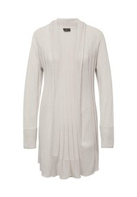 Lichtgrijze cardigan van gestructureerd breimateriaal, met een open voorzijde, lange mouwen en een verticale ribbelpatroon met open steekaccenten.