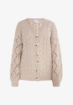 Beige gestrickte Strickjacke mit V-Ausschnitt, Kabelstrickdesign, Rautenmuster und fünf Knöpfen mit strukturierter Oberfläche.