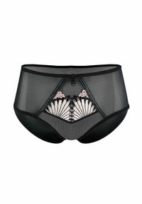 Czarne koronkowe majtki z wysokim stanem, ozdobione haftowanym w kolorze kości słoniowej i różowym wzorem z przodu, z dekoracyjną kokardką na środku i miękkim pasem.