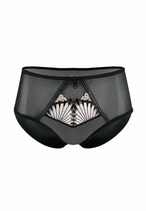Czarne koronkowe majtki z wysokim stanem, ozdobione haftowanym w kolorze kości słoniowej i różowym wzorem z przodu, z dekoracyjną kokardką na środku i miękkim pasem.