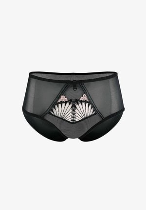 Czarne koronkowe majtki z wysokim stanem, ozdobione haftowanym w kolorze kości słoniowej i różowym wzorem z przodu, z dekoracyjną kokardką na środku i miękkim pasem.