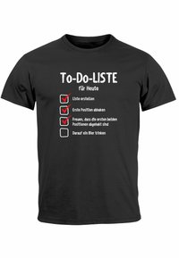 Schwarzes Baumwoll-T-Shirt mit bedrucktem weißen und roten Checklisten-Design und deutschem Text für eine To-Do-Liste. Quadrat-Ausschnitt, lässiger Schnitt.