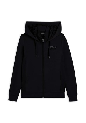 Sudadera negra con cremallera, bolsillos frontales, capucha con cordón y logo sutil en el pecho izquierdo, mostrada sobre un fondo blanco.