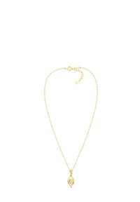 Guld halskæde med en tynd kæde og en vedhæng formet som et blad, med en rund klar sten i midten.