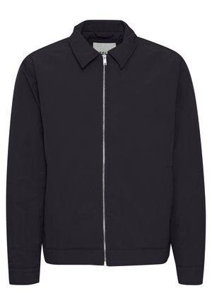 Black jacket with a high collar, zip front closure, two side pockets, and a smooth texture. Casual design with a fitted silhouette.