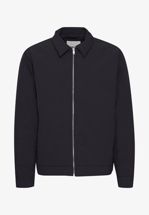 Black jacket with a high collar, zip front closure, two side pockets, and a smooth texture. Casual design with a fitted silhouette.