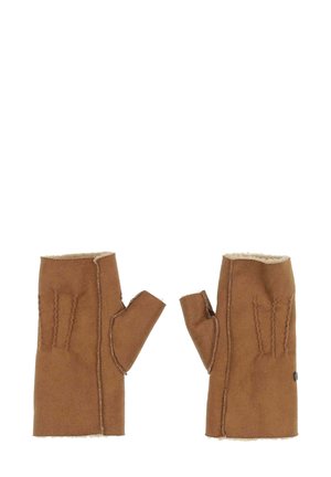 Brown fingerless gloves made from soft fabric, featuring a shearling lining, stitched details, and a rounded cut at the wrist.