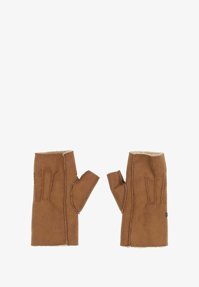 Pruunid sõrmevabad kindad, mis on valmistatud pehmest kangast, sooja lambanaha voodriga, tikanditega ja ümarate randmeotste lõikega.