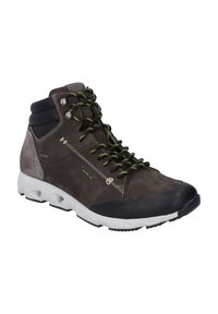 Vandre sko med en mørkebrun læderoverdel, grønne snørebånd, grå detaljer og en hvid, polstret sål for øget komfort.