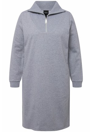 Vestito grigio con zip, colletto alto, maniche lunghe e vestibilità comoda, realizzato in tessuto morbido. Presenta una zip a quarto di lunghezza sulla parte anteriore.