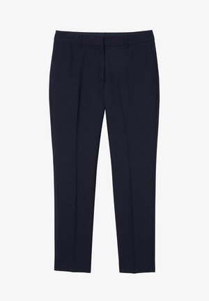 Navy tailored trousers with a smooth texture, pleats at the front, and side pockets. Made from a lightweight, durable fabric.