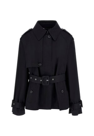 Black trench coat with a high collar, buttoned front, belted waist, and folded cuff details. Made of a smooth, lightweight fabric.