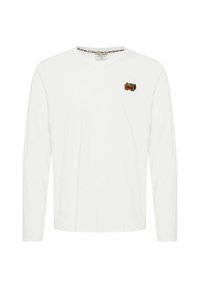 Langærmet hvid bomulds-T-shirt med et lille broderet logo i brun og grøn på brystet, samt en mønstret halskant.