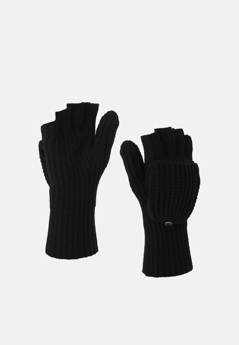 Czarne dziergane rękawiczki bez palców z prążkowaną teksturą i wykończeniem w mankiet. Zawierają akcentujący guzik na jednej rękawiczce.