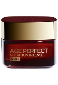 Pot rouge avec des accents dorés, doté d'un couvercle plat embossé avec "L'Oréal." L'étiquette indique : "AGE PERFECT NUTRITION INTENSE NUIT" en lettres dorées.