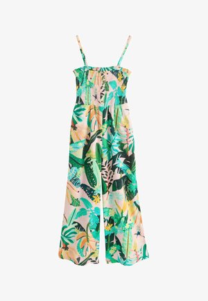 Kombinezon bez ramiączek z marszczoną górą i szerokimi nogawkami, ozdobiony kolorowym nadrukiem tropikalnych liści i ptaków.