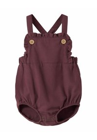 Romper per neonati bordeaux con dettagli arricciati, spalline regolabili e bottoni in legno. Vita elastica e chiusura a scatto sul fondo.