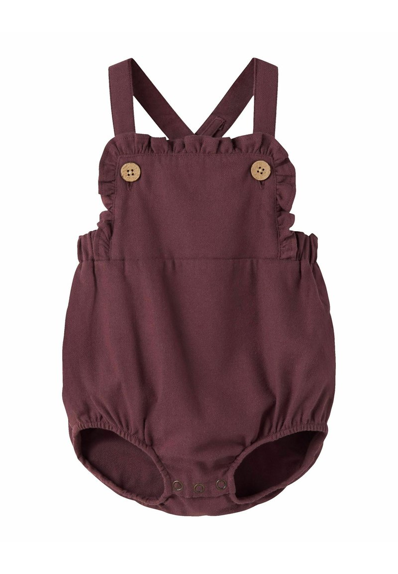 Romper per neonati bordeaux con dettagli arricciati, spalline regolabili e bottoni in legno. Vita elastica e chiusura a scatto sul fondo.