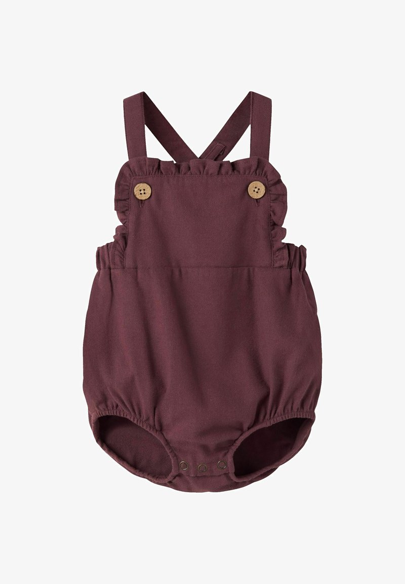 Burgundy infant romper with ruffle accents, adjustable shoulder straps, and wooden button details. Elastic waistband and snap closure at the bottom.