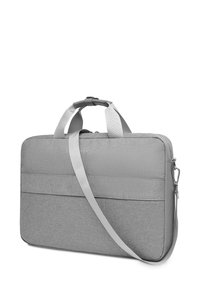 Graue Stoff-Laptoptasche mit zwei Griffen, verstellbarem Schultergurt, Fronttasche und Reißverschluss auf weißem Hintergrund.