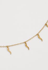 Colier din metal auriu cu pandantive curbate, în formă de picătură. Designul este minimalist, având finisaje netede și strălucitoare. Fără clapetă vizibilă.