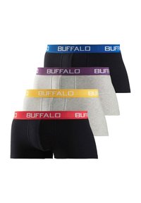 Set of four boxer briefs in black, gray, and navy, featuring wide waistband in blue, purple, yellow, and red, with "BUFFALO" logo.