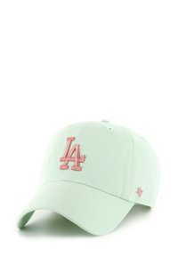 Light green cotton baseball cap featuring a pink embroidered "LA" logo on the front and small embroidered detail on the side.
