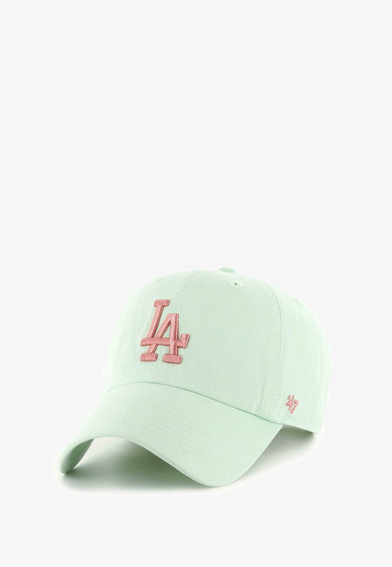 Light green cotton baseball cap featuring a pink embroidered "LA" logo on the front and small embroidered detail on the side.